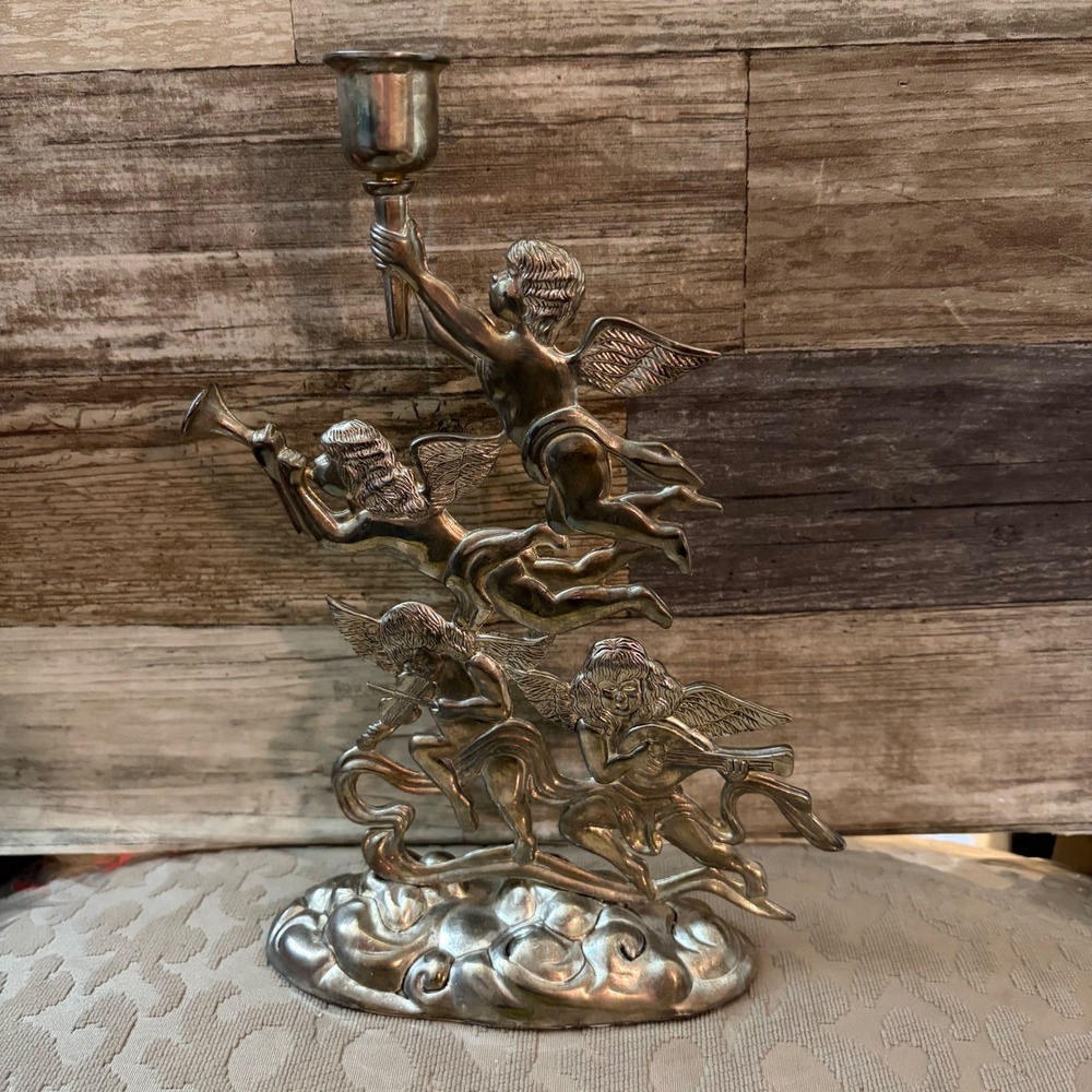 Godinger Silver Plated Cherub Angel Taper Candle Holder Musical Celestial Decor
